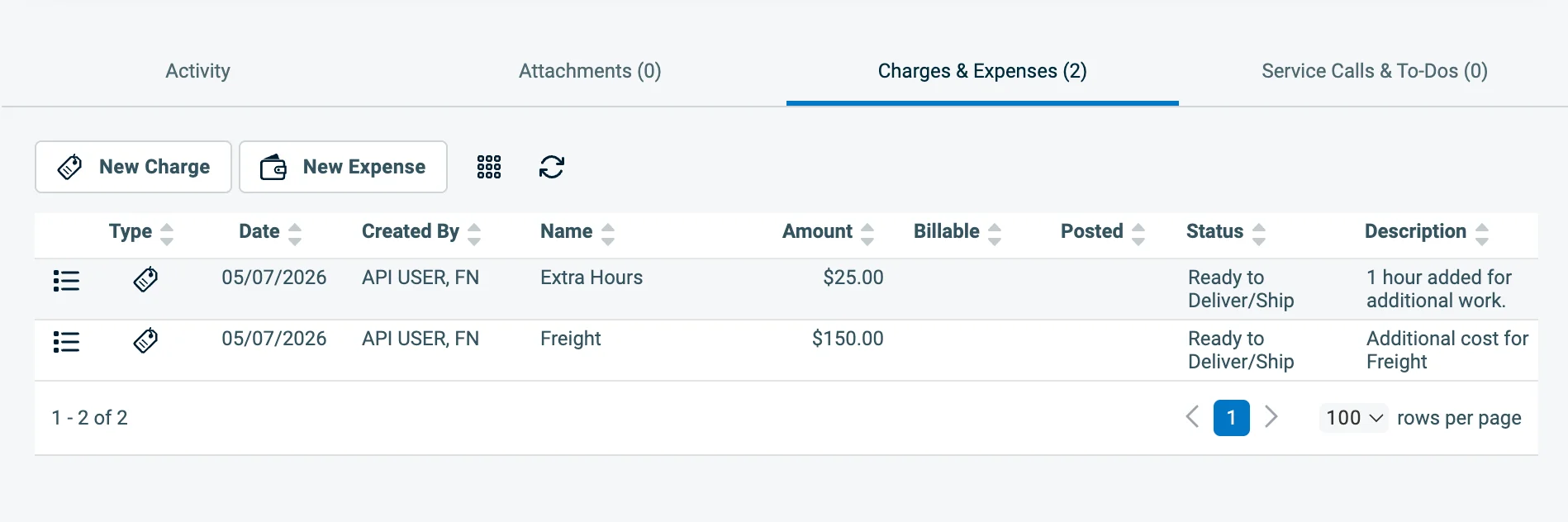 The Charges & Expenses tab on an Autotask ticket showing two synced charges — Extra Hours at $25.00 and Freight at $150.00 — with their names, amounts, and descriptions populated from Field Nation