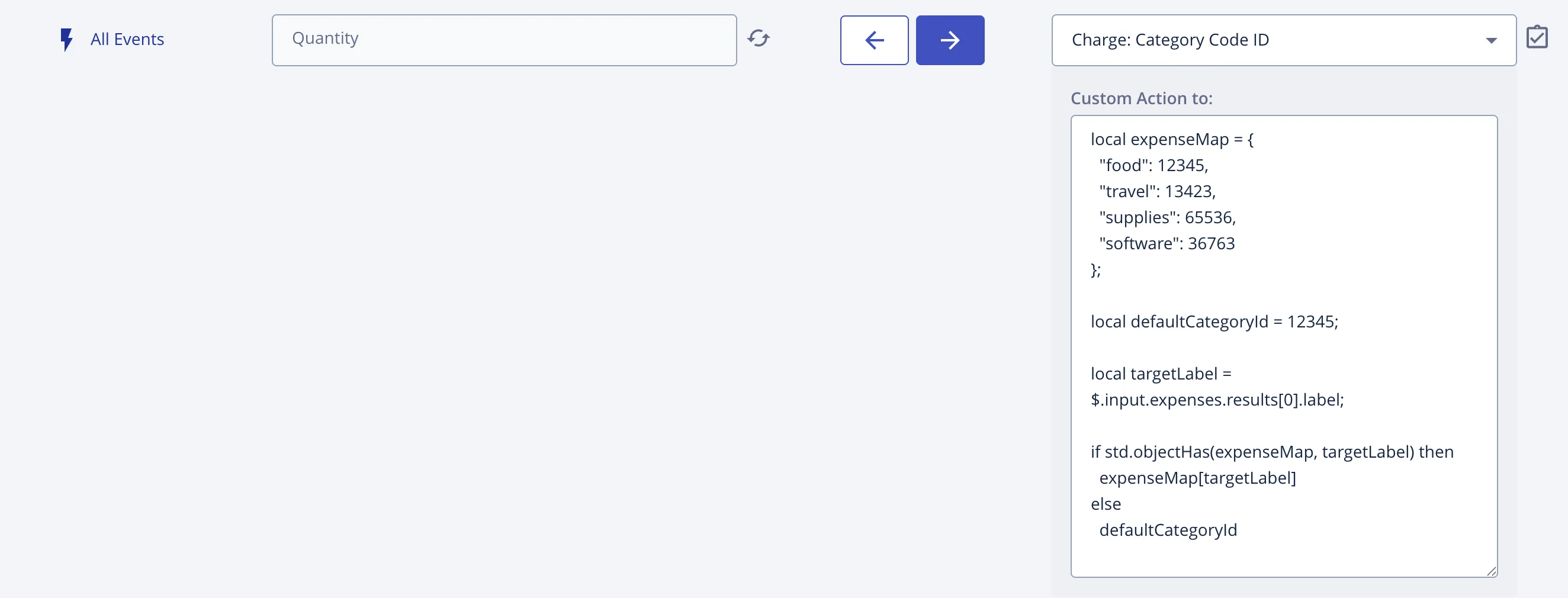 The Charge: Category Code ID mapping configured with a Custom Action that maps expense labels to Autotask category IDs using a lookup table with a fallback default