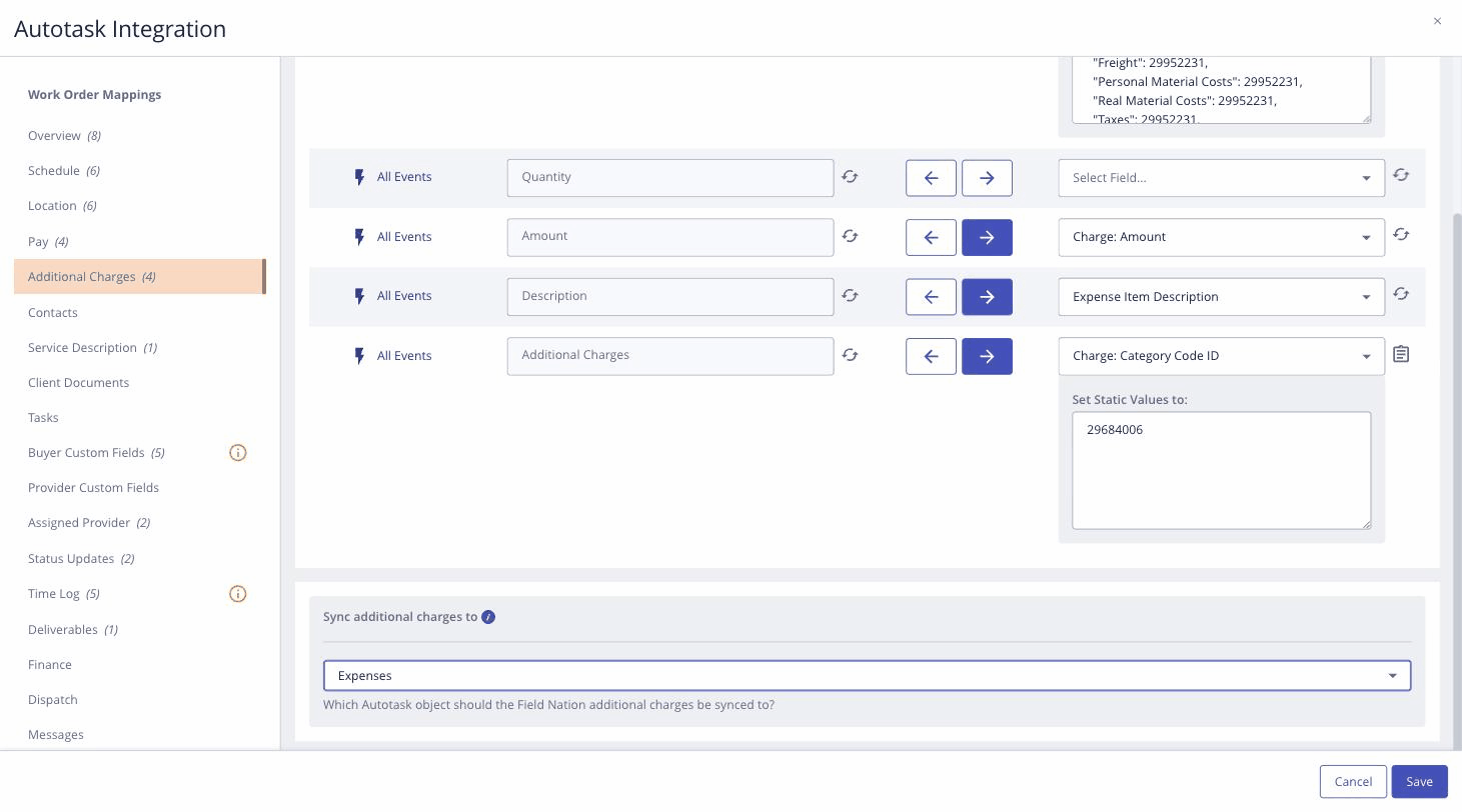 Switching the Sync additional charges to dropdown from Expenses to Charges in the Autotask Integration settings