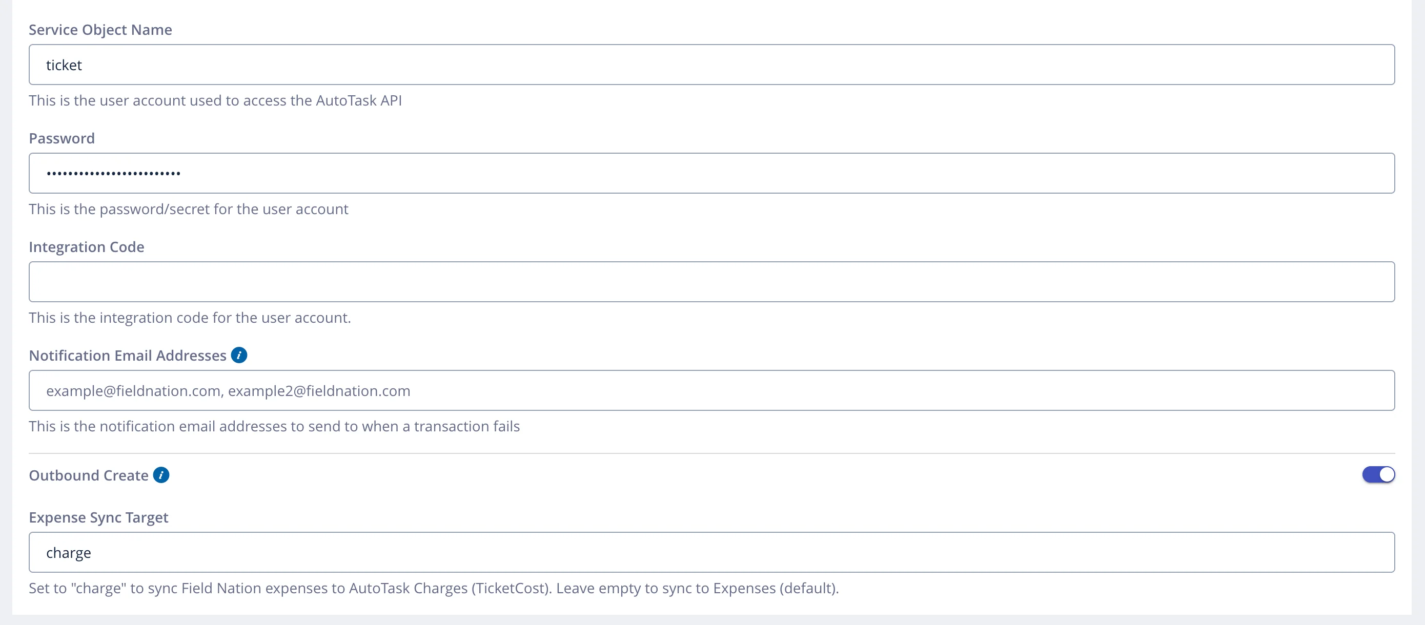 The integration settings form showing the Expense Sync Target field with 'charge' entered