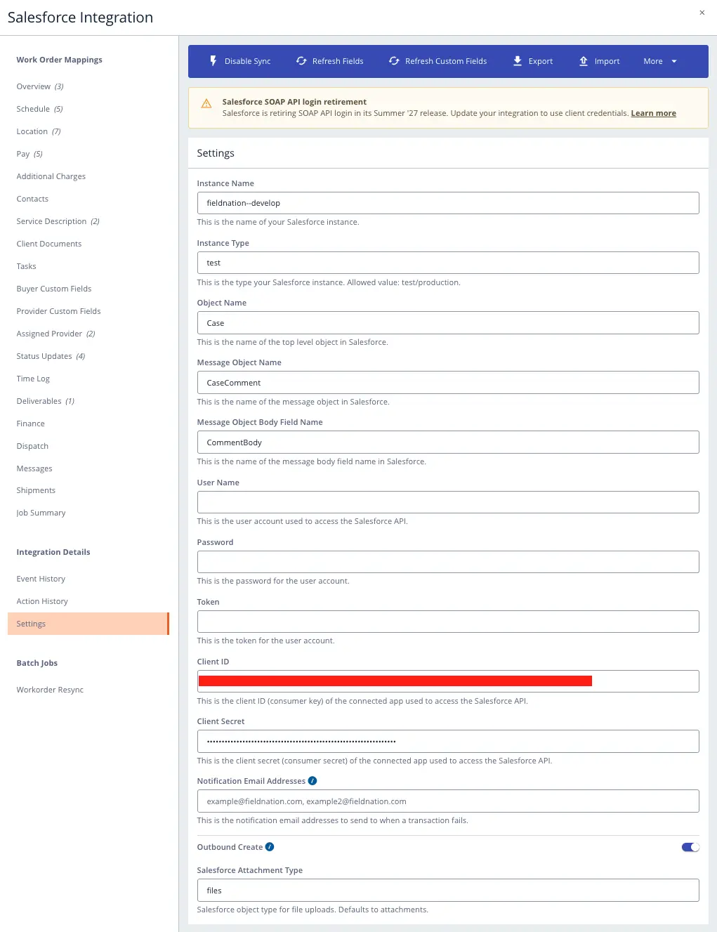 Field Nation Salesforce settings showing Instance Name, Instance Type, and the Client ID and Client Secret fields, with the secret masked