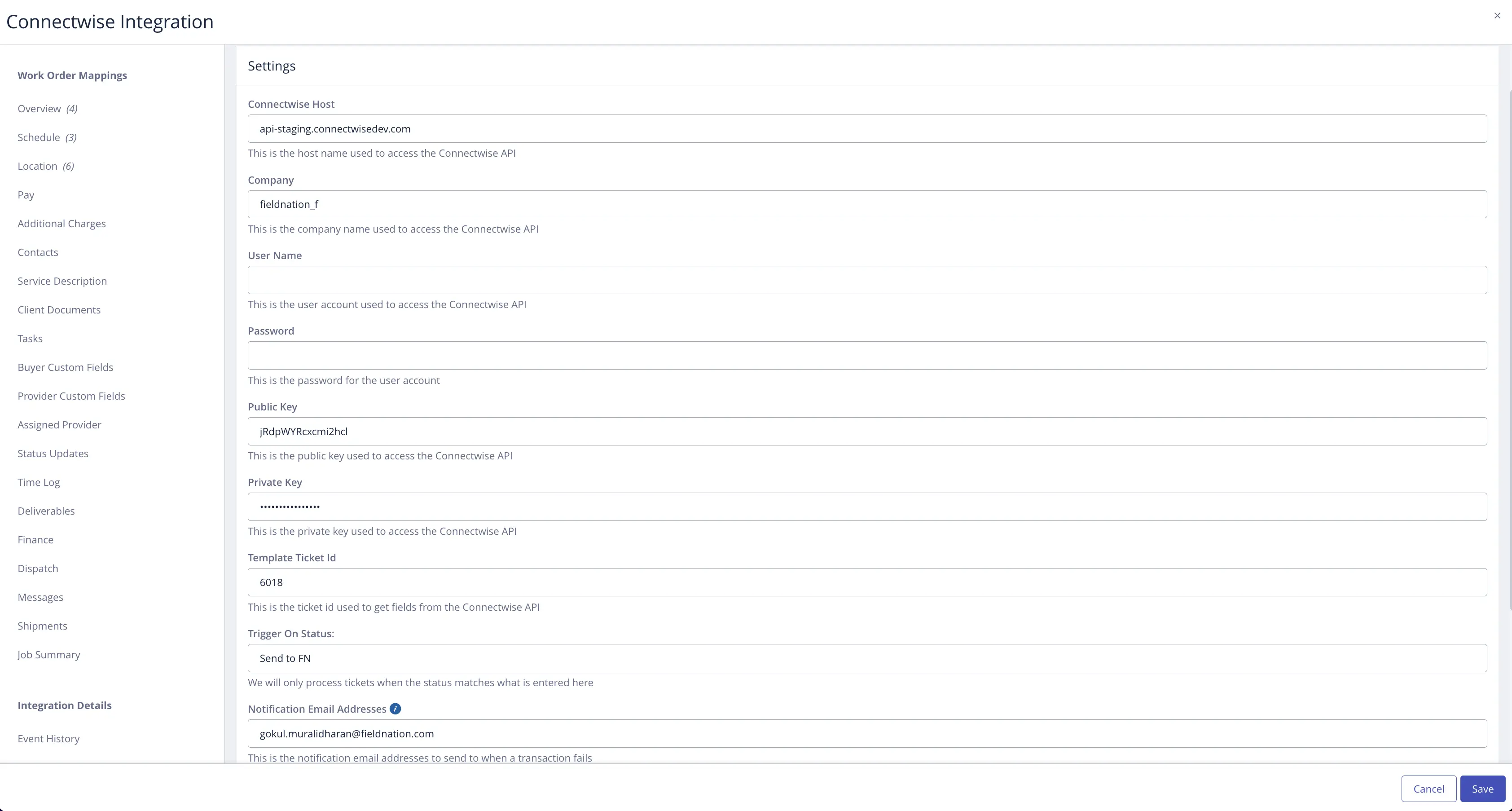 Field Nation connector settings form — credential and trigger fields