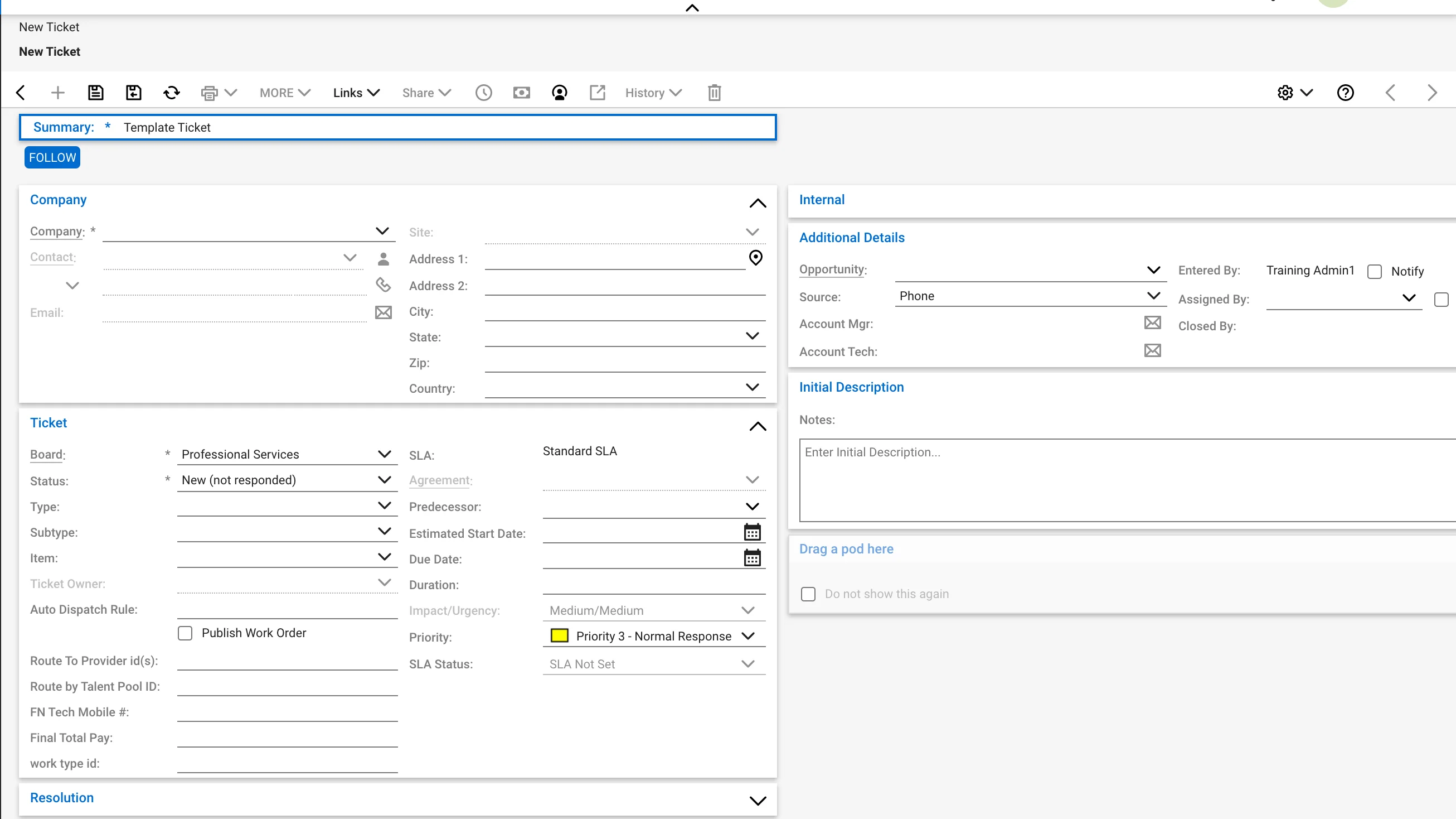 ConnectWise Template Ticket — its ID drives field discovery