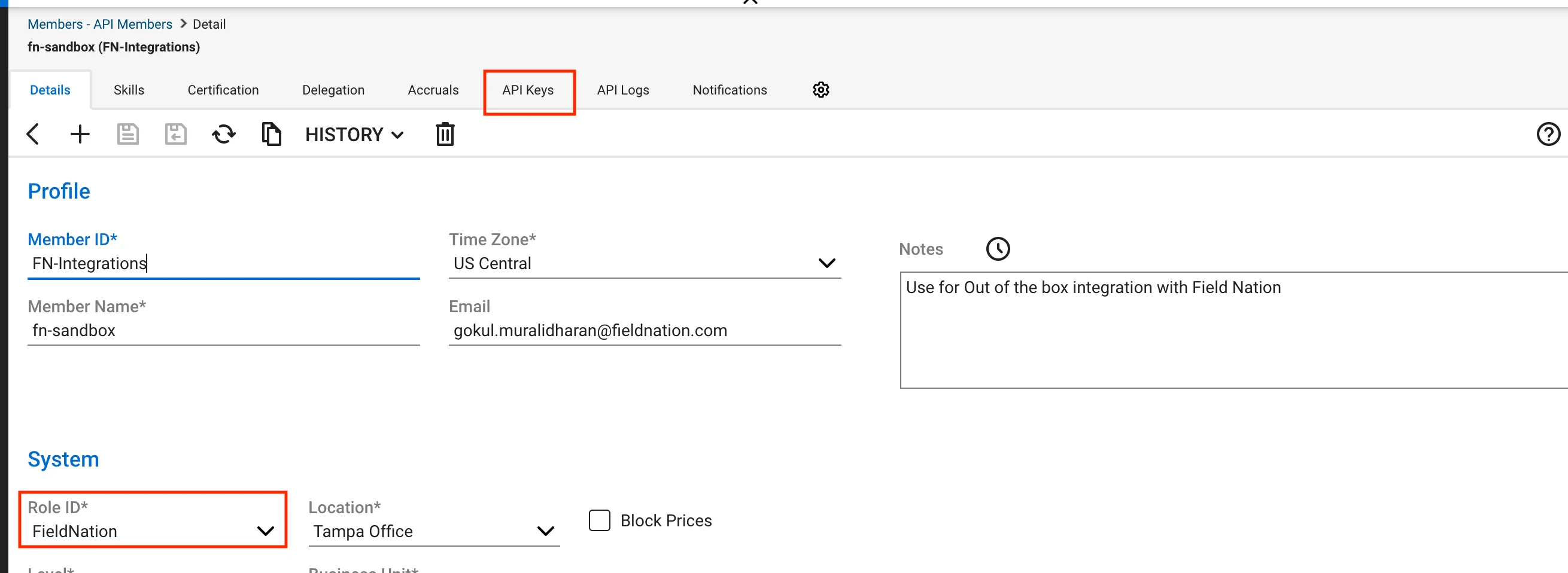 ConnectWise API Member detail — Member ID, Role ID, and API Keys tab