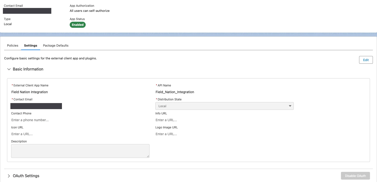 External Client App Settings tab showing Basic Information with External Client App Name Field Nation Integration, API Name Field_Nation_Integration, and Distribution State Local