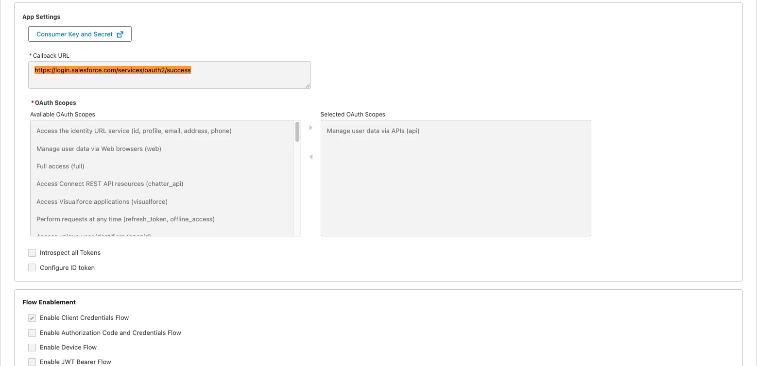 External Client App OAuth settings with the Salesforce success page as Callback URL, Manage user data via APIs (api) as the only selected scope, and Enable Client Credentials Flow selected under Flow Enablement