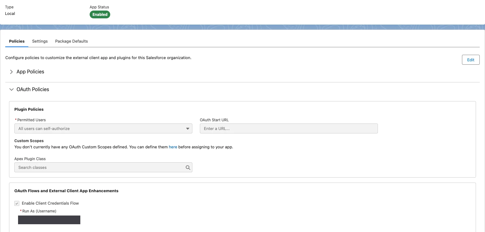 External Client App Policies tab with OAuth Policies expanded, Enable Client Credentials Flow selected, and the integration user entered in Run As (Username)