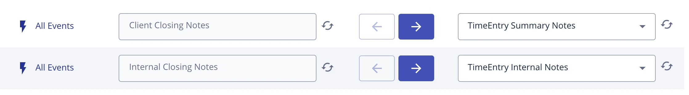 Field mapping showing Client Closing Notes mapped to TimeEntry Summary Notes and Internal Closing Notes mapped to TimeEntry Internal Notes