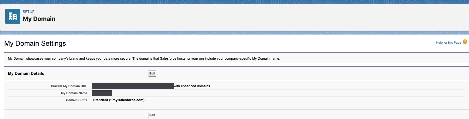 Salesforce Setup My Domain page showing the Current My Domain URL under My Domain Details