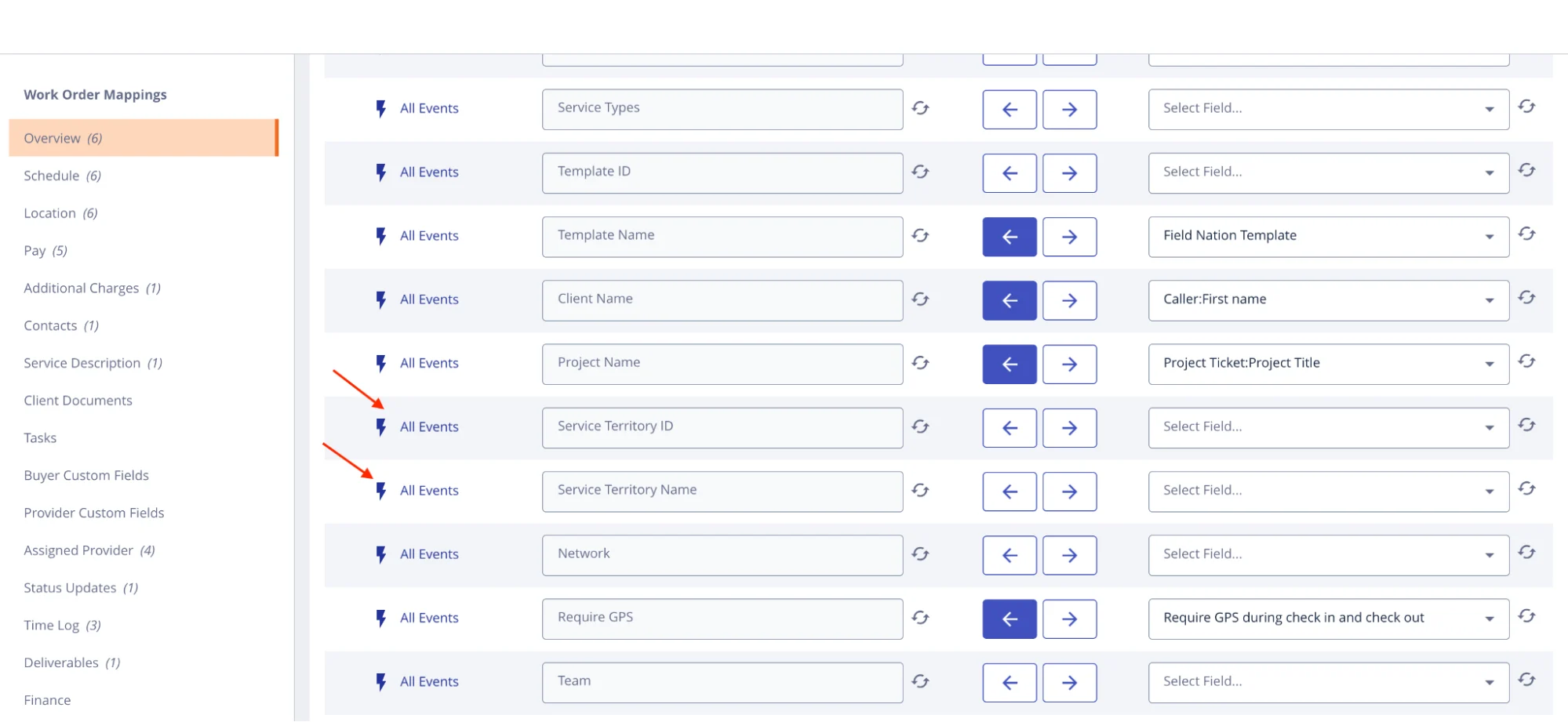 Service Territory field mapping in the integration UI