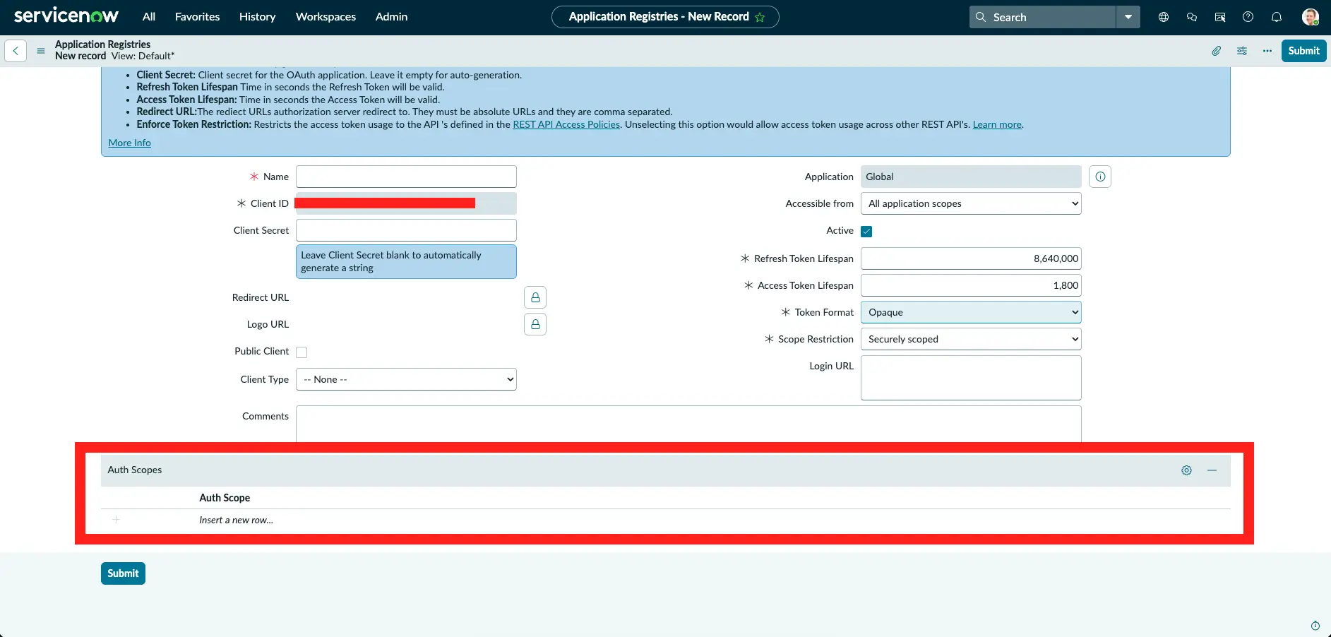 ServiceNow Application Registry record showing the Auth Scopes section at the bottom of the form, with a new row being added for useraccount