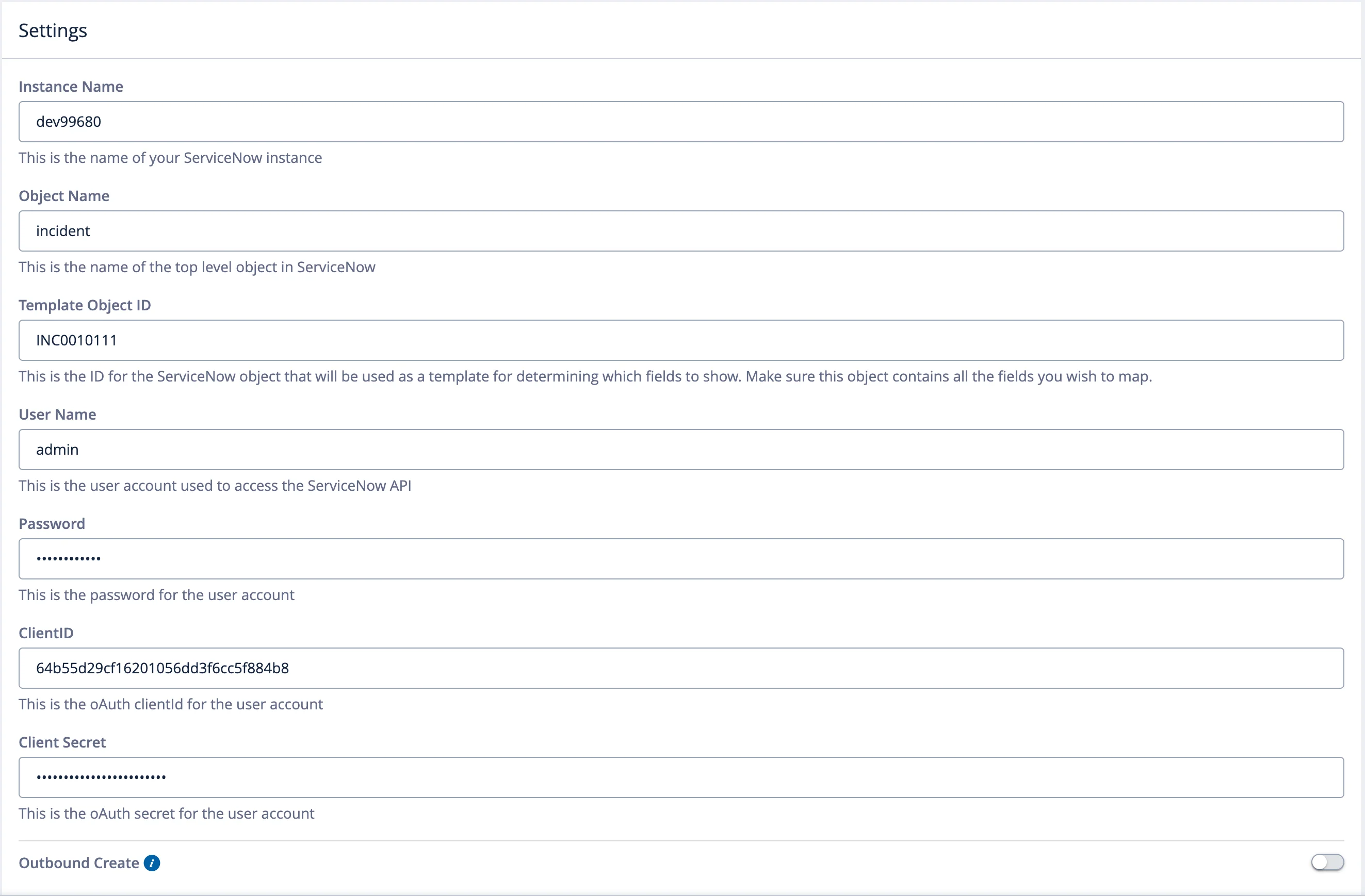 ServiceNow Integration Broker basic settings panel
