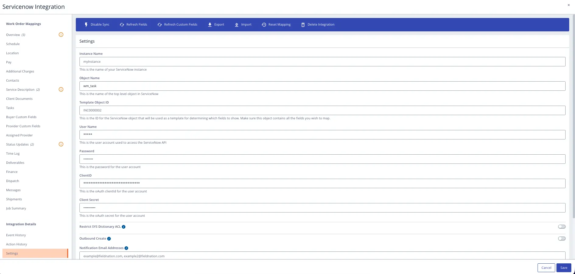 Field Nation ServiceNow integration settings page, clicking Save to confirm authentication succeeds
