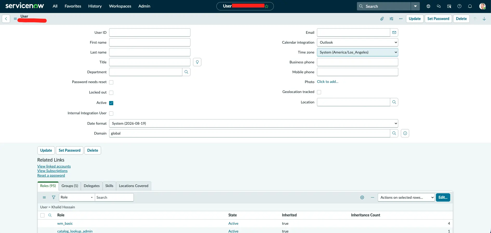 ServiceNow integration user record with the Domain field set to global and Managed Domain set to true