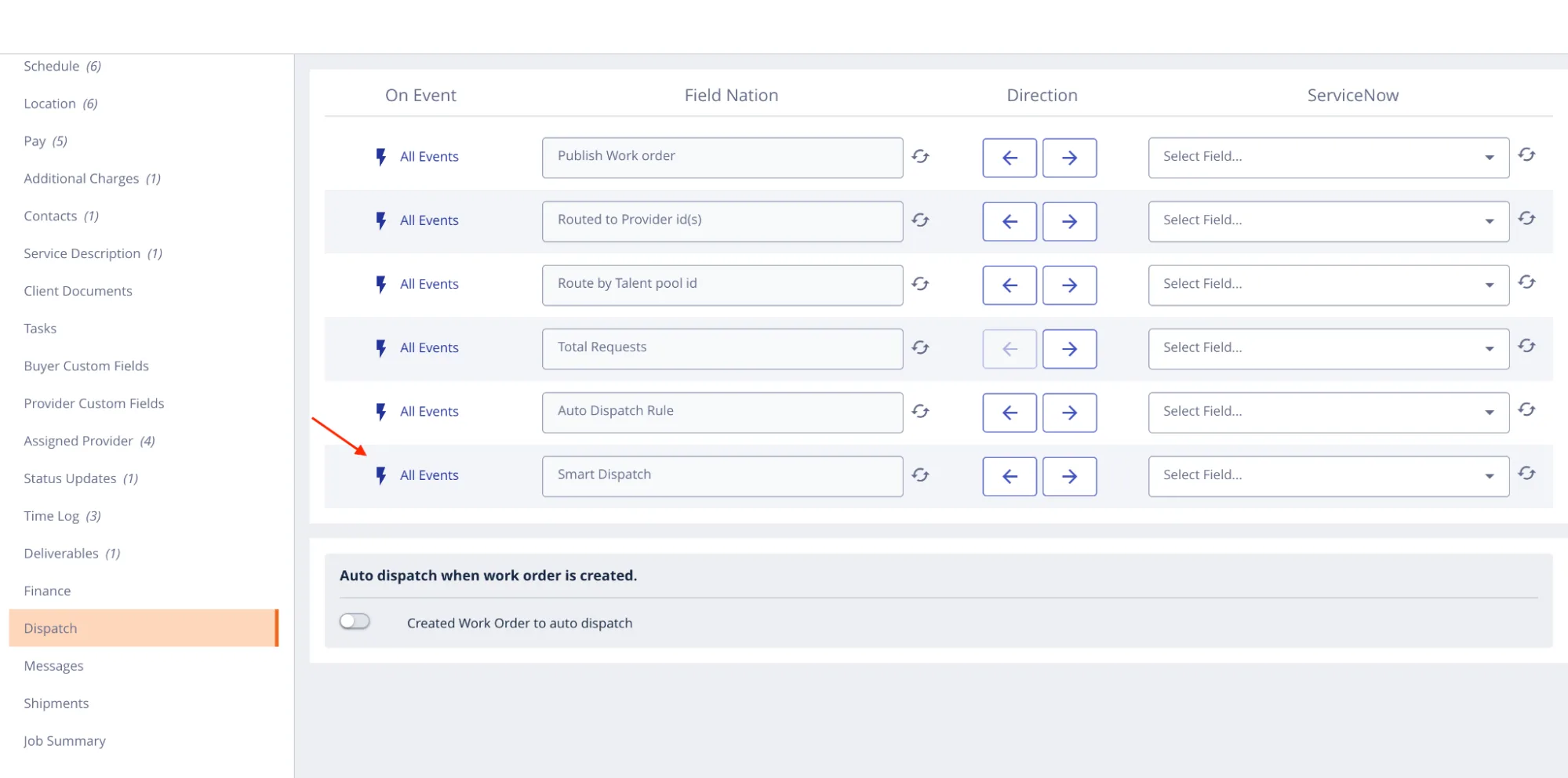 Smart Dispatch field mapping in the integration UI