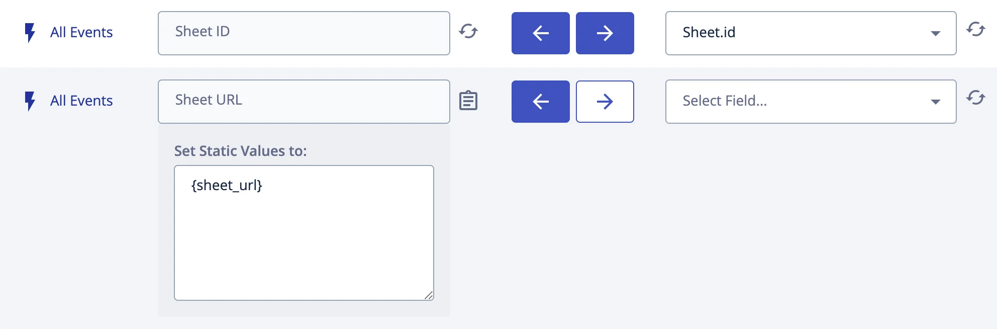 Field mapping UI showing Sheet ID mapped to sheet.id and Sheet URL with static value