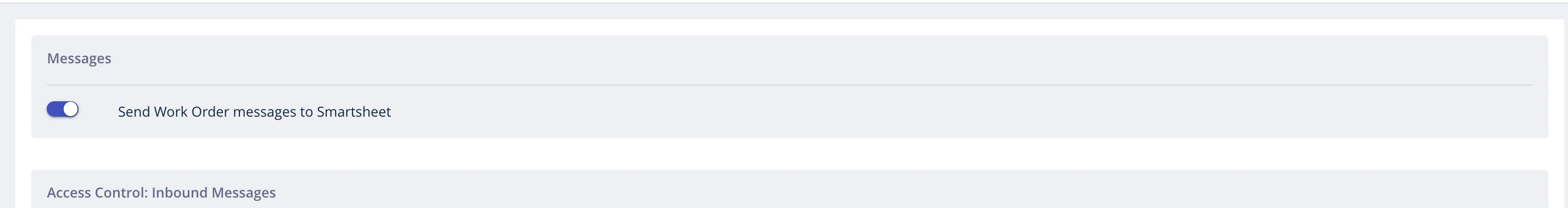 Field Nation Messages section with Send Work Order messages to Smartsheet toggle enabled