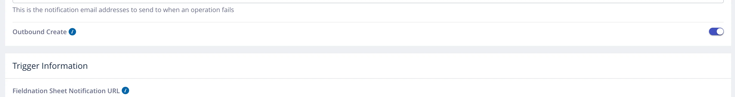Field Nation Outbound Create toggle enabled with Trigger Information section visible