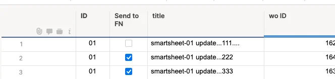 Smartsheet rows with Send to FN checkbox column checked on rows 2 and 3