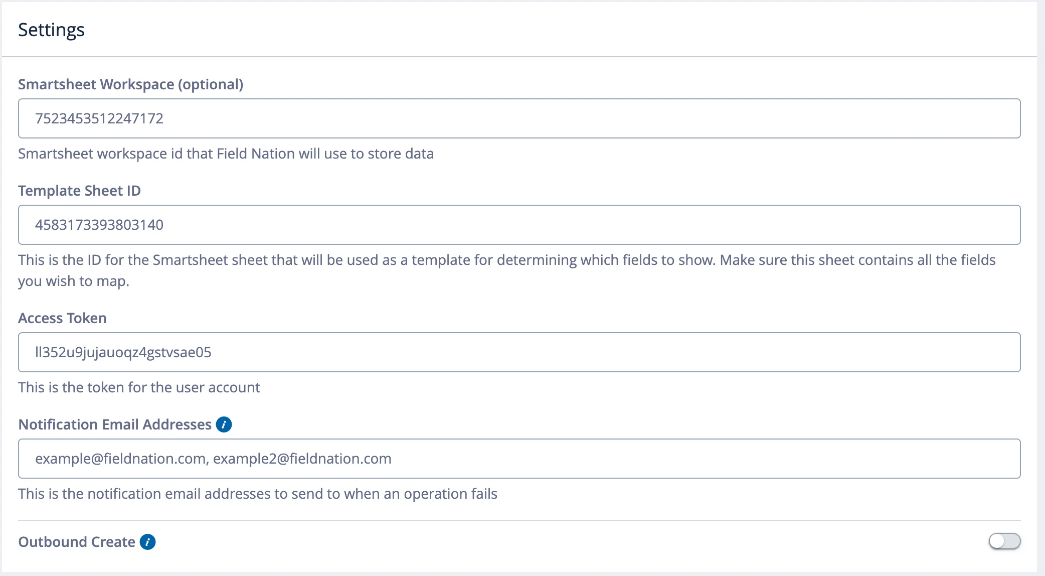 Field Nation Smartsheet settings page showing Workspace, Template Sheet ID, Access Token, Notification Email, and Outbound Create fields
