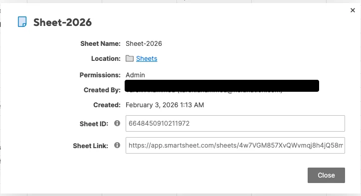 Smartsheet Sheet Properties dialog showing Sheet ID