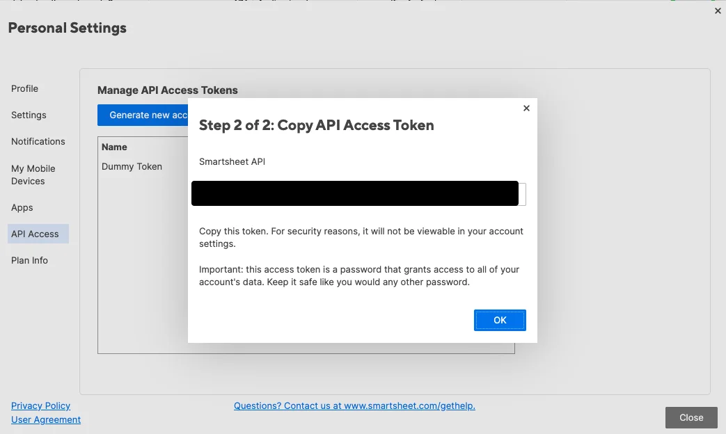 Smartsheet API Access Token generation dialog with token value redacted