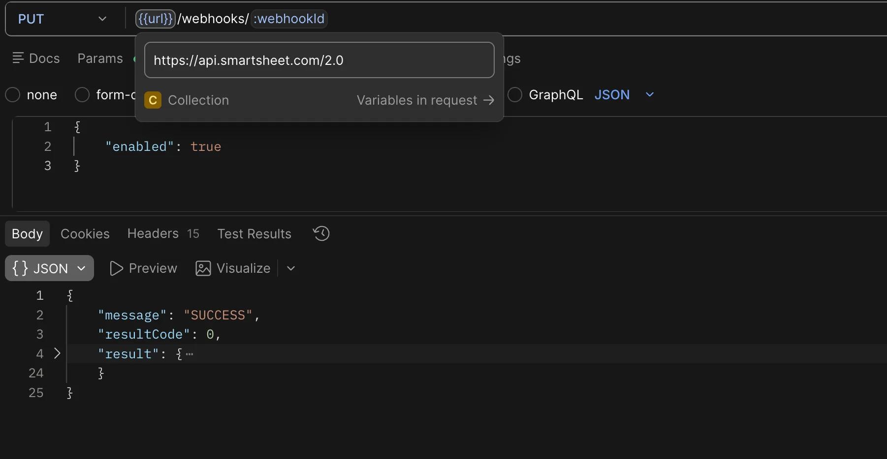 Postman PUT request to enable webhook showing SUCCESS response