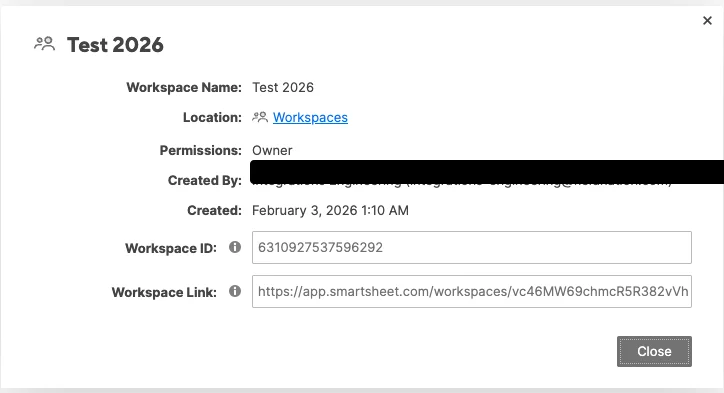 Smartsheet Workspace Properties dialog showing Workspace ID