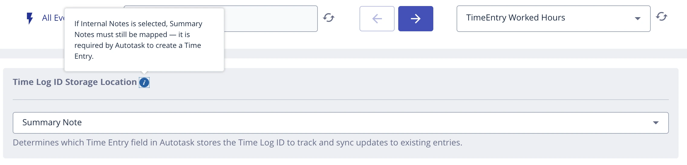 Time Log ID Storage Location dropdown with tooltip explaining that Summary Notes must still be mapped when Internal Notes is selected