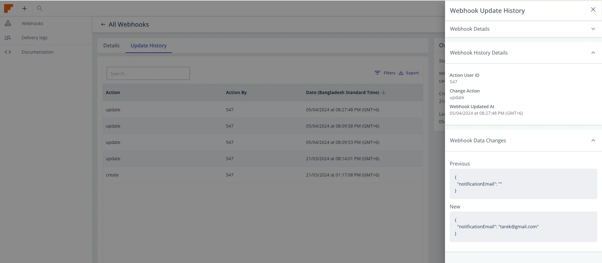 Webhook Change History
